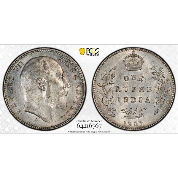 BRITISH INDIA: Edward VII, 1901-1910, AR rupee, 1907-B, PCGS MS61