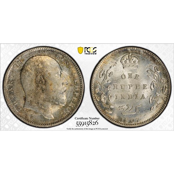 BRITISH INDIA: Edward VII, 1901-1910, AR rupee, 1907(c), PCGS AU58