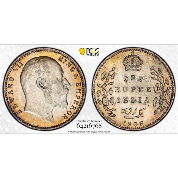 BRITISH INDIA: Edward VII, 1901-1910, AR rupee, 1909-B, PCGS AU58