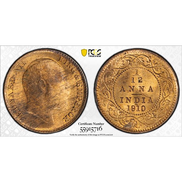 BRITISH INDIA: Edward VII, 1901-1910, AE 1/12 anna, 1910(c), PCGS MS65 RB