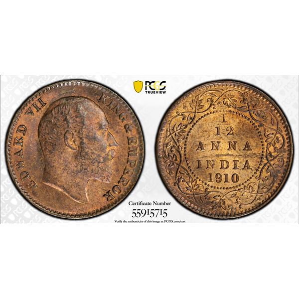 BRITISH INDIA: Edward VII, 1901-1910, AE 1/12 anna, 1910(c), PCGS MS64 RB