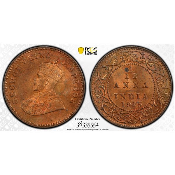 BRITISH INDIA: George V, 1910-1936, AE 1/12 anna, 1915(c), PCGS MS65 RB