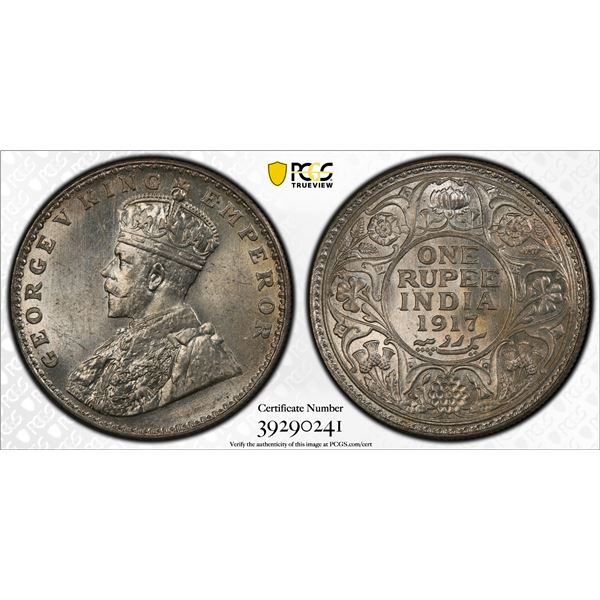 BRITISH INDIA: George V, 1910-1917, AR rupee, 1917(b), PCGS MS64
