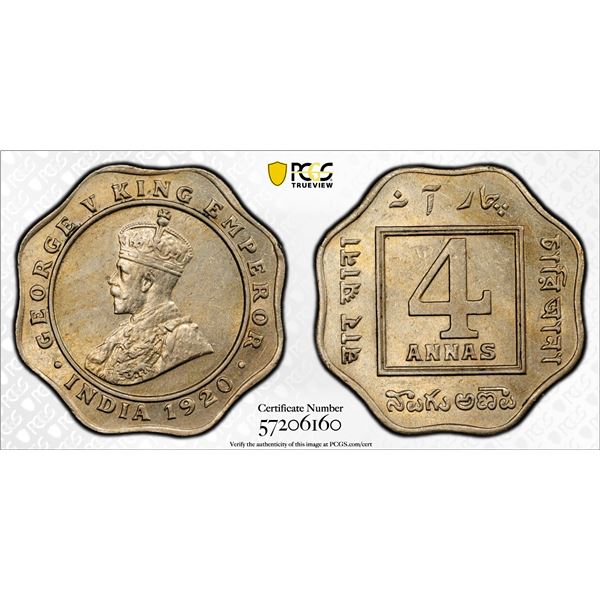 BRITISH INDIA: George V, 1910-1936, 4 annas, 1920(c), PCGS MS61