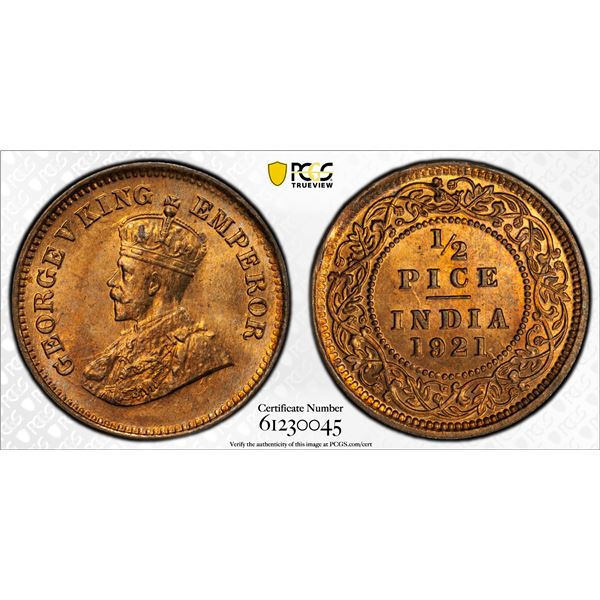 BRITISH INDIA: George V, 1910-1936, AE 1/2 pice, 1921(c), PCGS MS65 RD