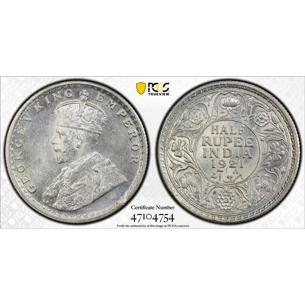 BRITISH INDIA: George V, 1911-1936, AR 1/2 rupee, 1921(c), PCGS MS63