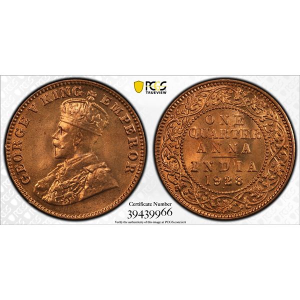 BRITISH INDIA: George V, 1910-1936, AE 1/4 anna, 1928(b), PCGS MS66 RD