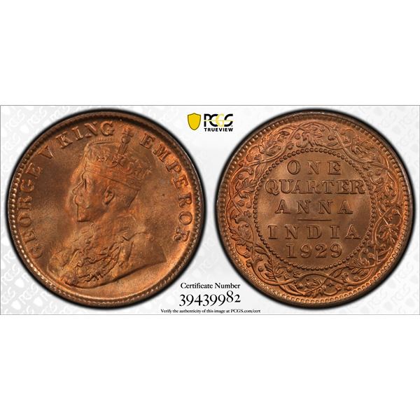 BRITISH INDIA: George V, 1910-1936, AE 1/4 anna, 1929(c), PCGS MS66 RB