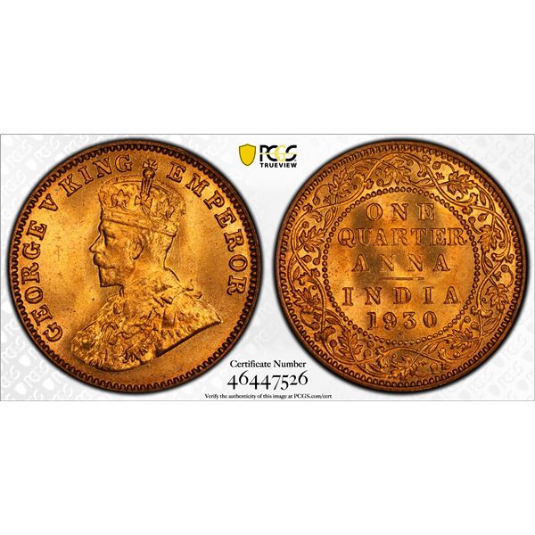 BRITISH INDIA: George V, 1910-1936, AE 1/4 anna, 1930(b), PCGS MS66 RD