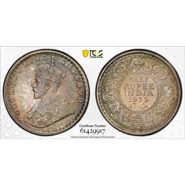 BRITISH INDIA: George V, 1910-1936, AR 1/2 rupee, 1933(c), PCGS MS65