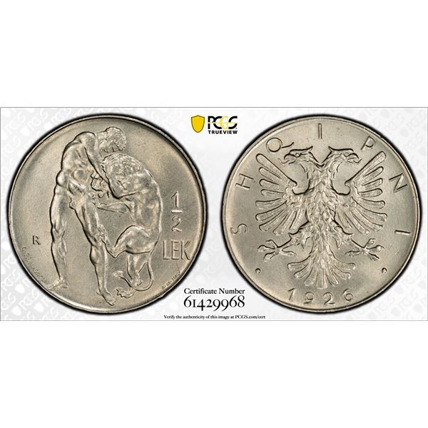 ALBANIA: First Republic, 1/2 lek, 1926-R, PCGS MS66