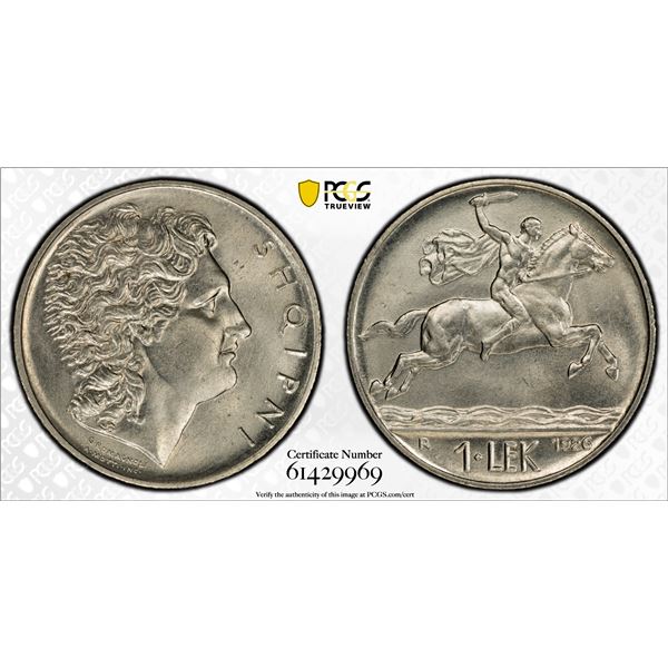 ALBANIA: First Republic, 1 lek, 1926-R, PCGS MS66