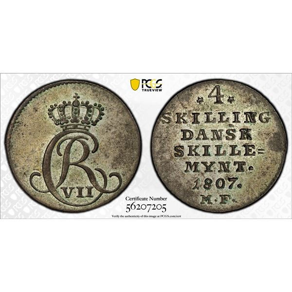 DENMARK: Christian VII, 1766-1808, BI 4 skilling, 1807, PCGS MS62
