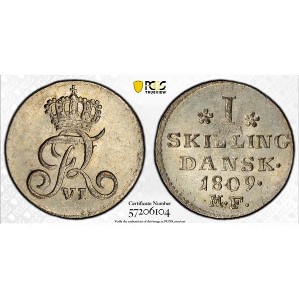 DENMARK: Frederik VI, 1808-1839, BI skilliing, 1809, PCGS MS64