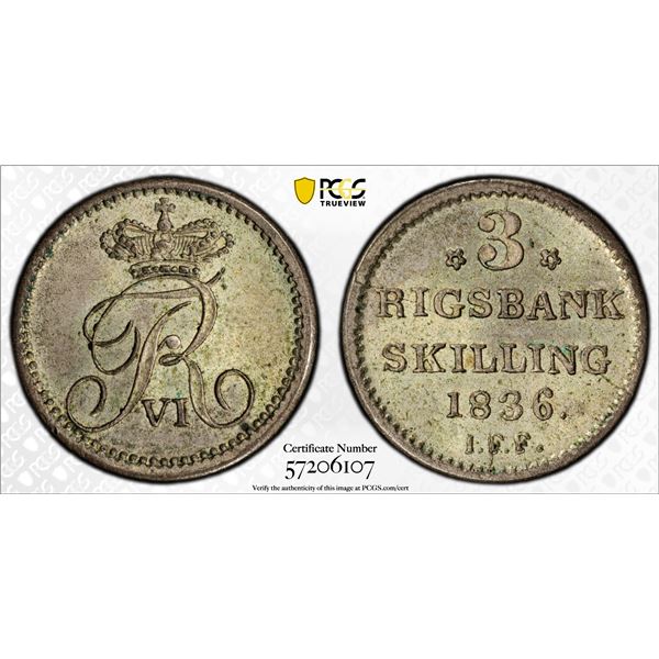 DENMARK: Frederik VI, 1808-1839, BI 3 Rigsbankskilling, 1836, PCGS MS64