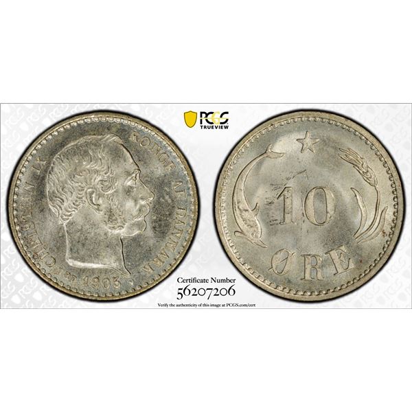 DENMARK: Christian IX, 1863-1906, AR 10 ore, 1905, PCGS MS66