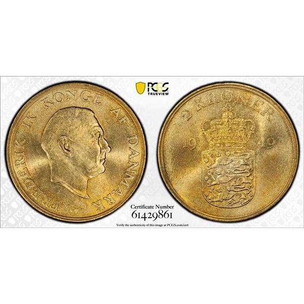 DENMARK: Frederik IX, 1947-1972, 2 Kroner, 1949, PCGS MS66