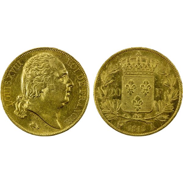 FRANCE: Louis XVIII, 1815-1824, AV 20 francs, 1818-A, Choice XF