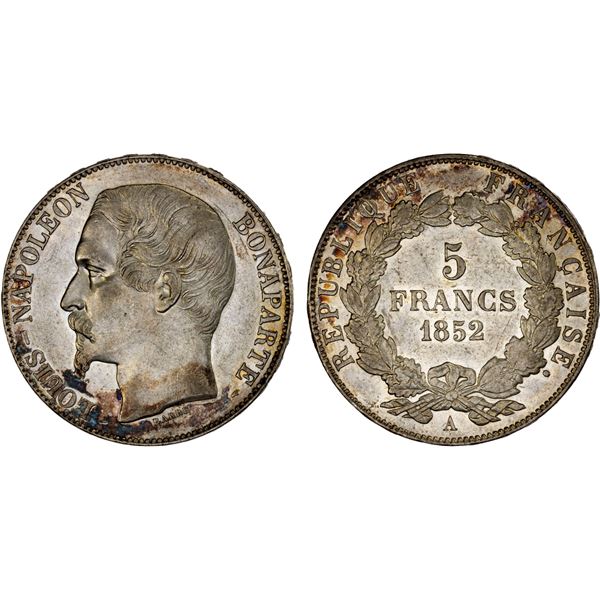 FRANCE: Second Republic, AR 5 francs, 1852-A, Choice AU