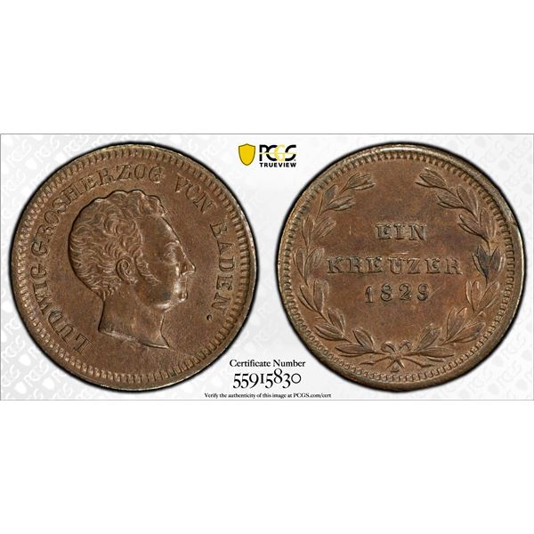 BADEN: Ludwig I, 1818-1830, AE kreuzer, 1829, PCGS MS63 BN