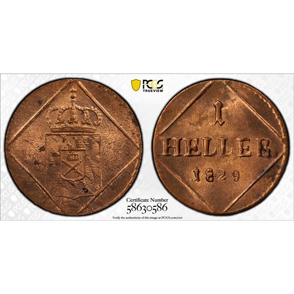 BAVARIA: Maximilian I Joseph, 1805-1825, AE heller, 1829, PCGS MS65 RD