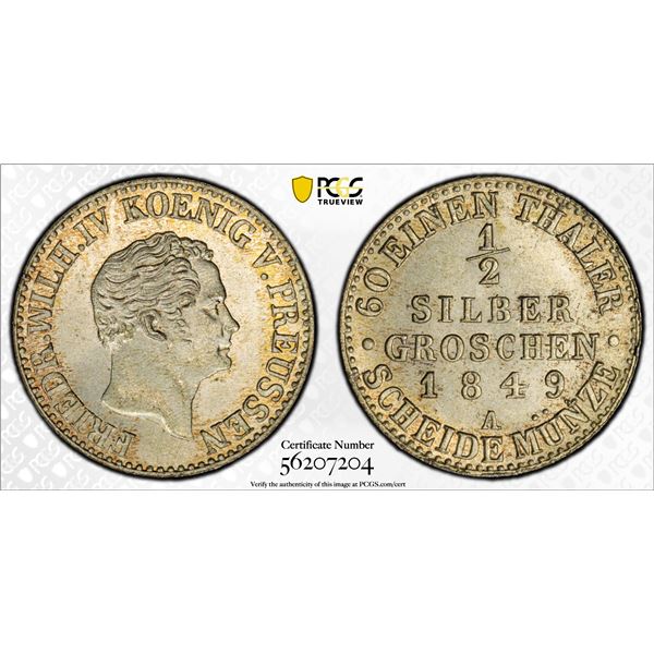 PRUSSIA: Friedrich Wilhelm IV, 1840-1861, BI 1/2 groschen, 1849-A, PCGS MS65