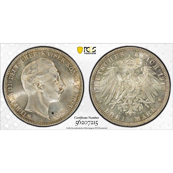 PRUSSIA: Wilhelm II, 1888-1918, AR 3 mark, 1912-A, MS64