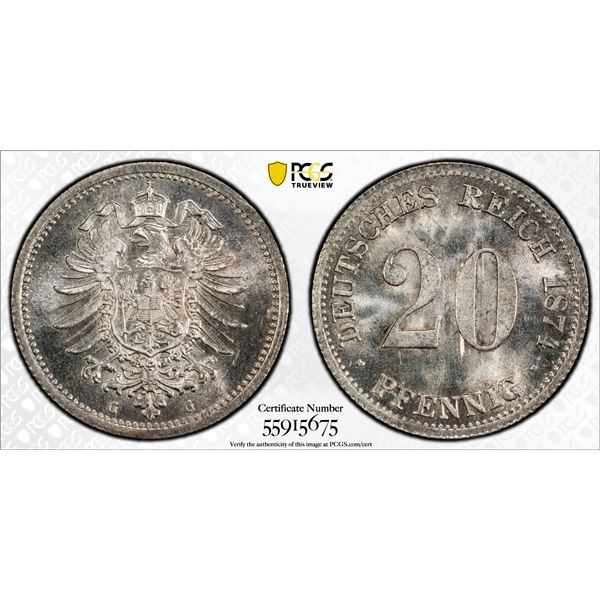 GERMANY: Kaiserreich, AR 20 pfennig, 1874-G, PCGS MS65