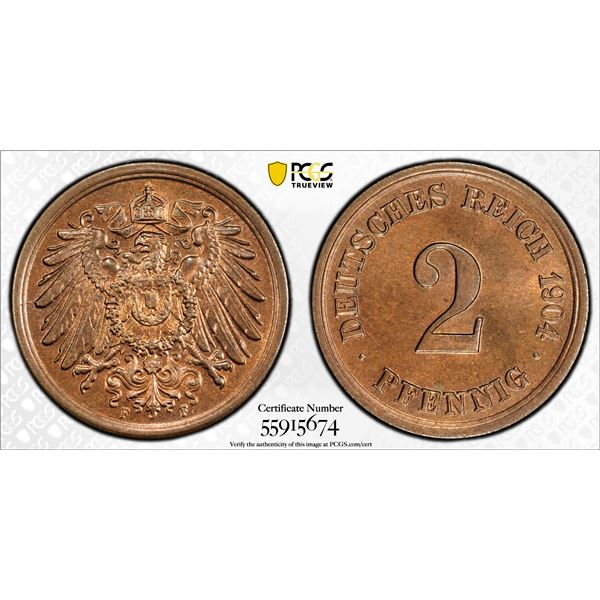 GERMANY: Kaiserreich, AE 2 pfennig, 1904-F, PCGS MS65 RB