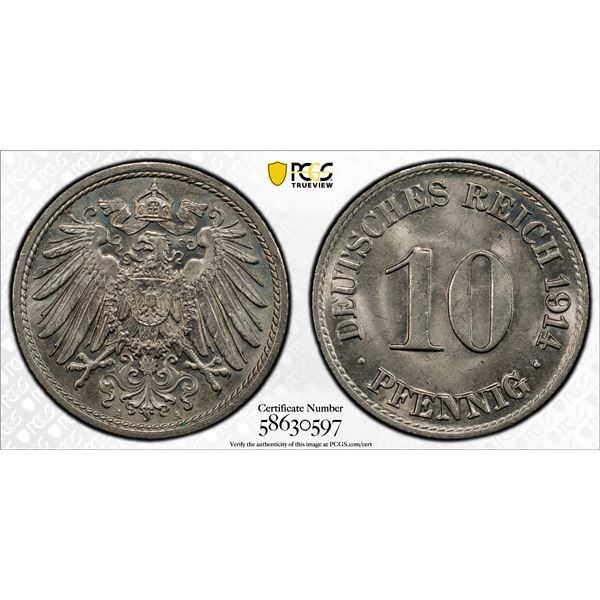 GERMANY: Kaiserreich, 10 pfennig, 1914-A, PCGS MS65