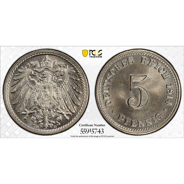 GERMANY: Kaiserreich, 5 pfennig, 1914-D, PCGS MS66