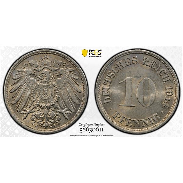 GERMANY: Kaiserreich, 10 pfennig, 1914-F, PCGS MS64