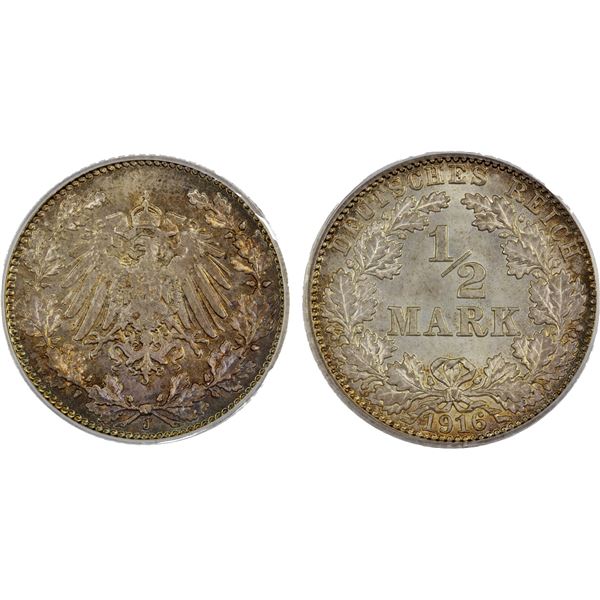 GERMANY: Kaiserreich, AR 1/2 mark, Hamburg, 1916-J, PCGS MS66