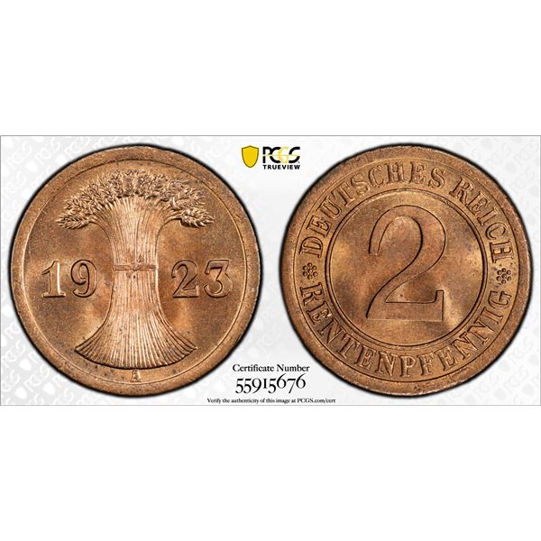 GERMANY: Weimar Republic, AE 2 rentenpfennig, 1923-A, PCGS MS65 RB