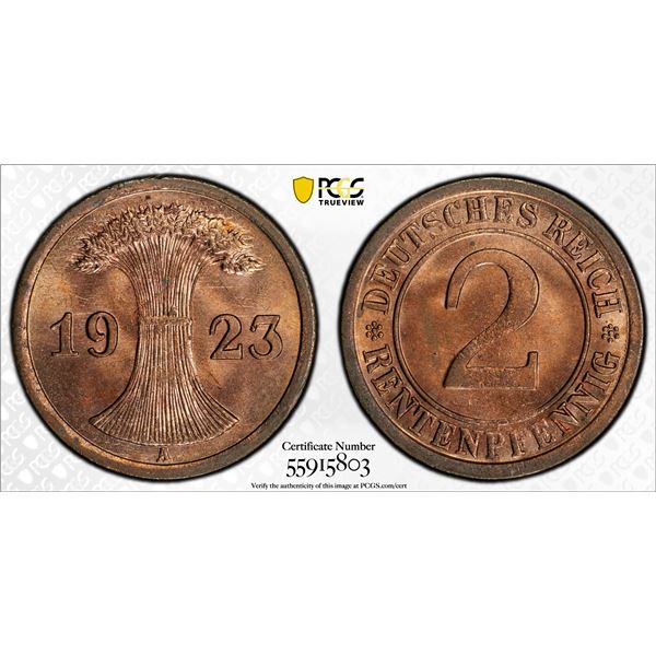GERMANY: Weimar Republic, AE 2 rentenpfennig, 1923-A, PCGS MS65 RB