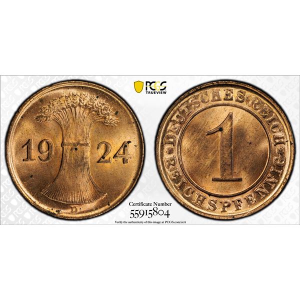 GERMANY: Weimar Republic, AE reichspfennig, 1924-D, PCGS MS65 Red
