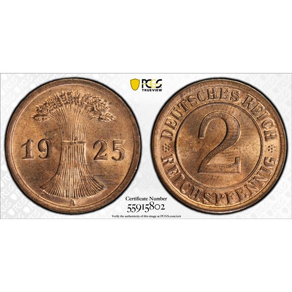 GERMANY: Weimar Republic, AE 2 reichspfennig, 1925-A, PCGS MS64 RB