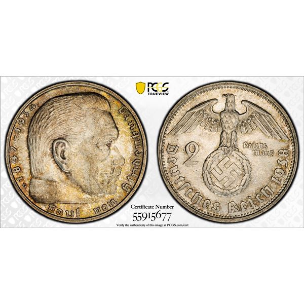 GERMANY: Third Reich, AR 2 reichsmark, 1938-G, PCGS MS64