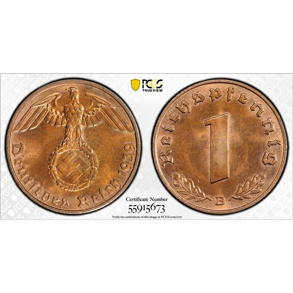 GERMANY: Third Reich, AE reichspfennig, 1939-B, PCGS MS64 RB