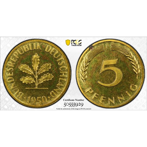 GERMANY: Federal Republic, 5 pfennig, 1950-F, PCGS Proof 65