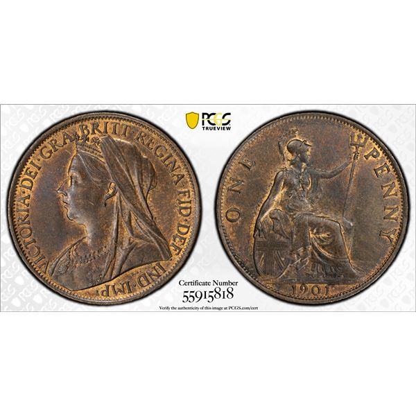 GREAT BRITAIN: Victoria, 1837-1901, AE penny, 1901, PCGS MS63 BN