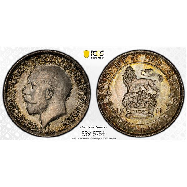 GREAT BRITAIN: George V, 1910-1936, AR 6 pence, 1911, PCGS MS66