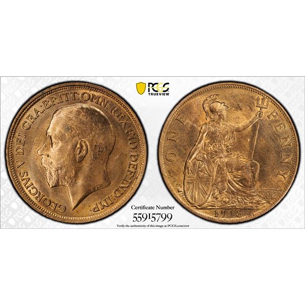 GREAT BRITAIN: George V, 1910-1936, AE penny, 1913, PCGS MS64 RB