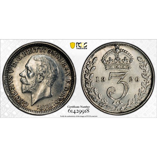 GREAT BRITAIN: George V, 1910-1936, AR 3 pence, 1926, PCGS MS63