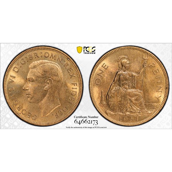 GREAT BRITAIN: George VI, 1936-1952, AE penny, 1951, PCGS MS64 RB
