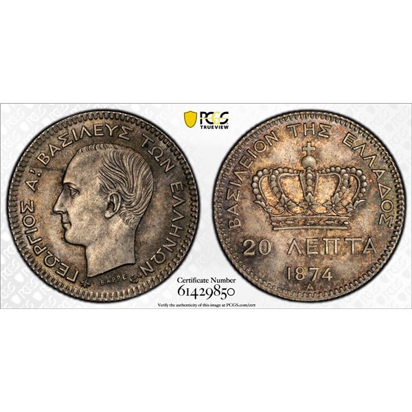 GREECE: George I, 1863-1913, AR 20 lepta, 1874-A, PCGS MS64