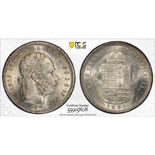 HUNGARY: Franz Josef I, 1848-1916, AR forint, Kormoczbanya, 1881-KB, PCGS MS62