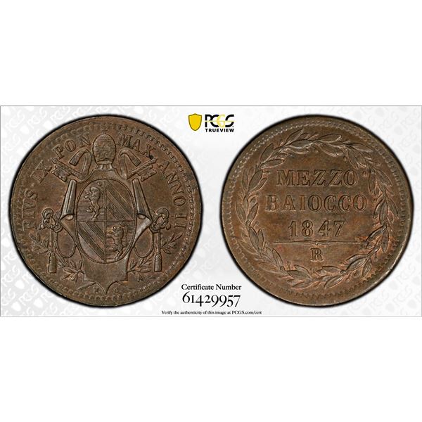 ITALY: PAPAL STATES: Pius IX, 1846-1878, AE 1/2 baiocco, Rome, 1847-R year II, PCGS MS64 BN