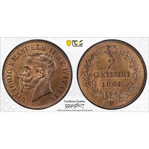 ITALY: Vittorio Emanuele II, 1861-1878, AE 2 centesimi, Milan, 1861-M, PCGS MS64 BN