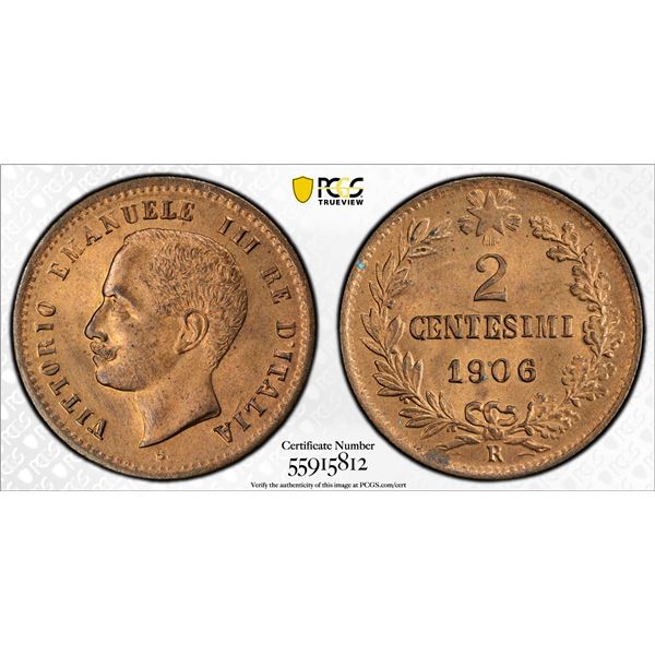 ITALY: Vittorio Emanuele III, 1900-1946, AE 2 centesimi, 1906-R, PCGS MS65 RB
